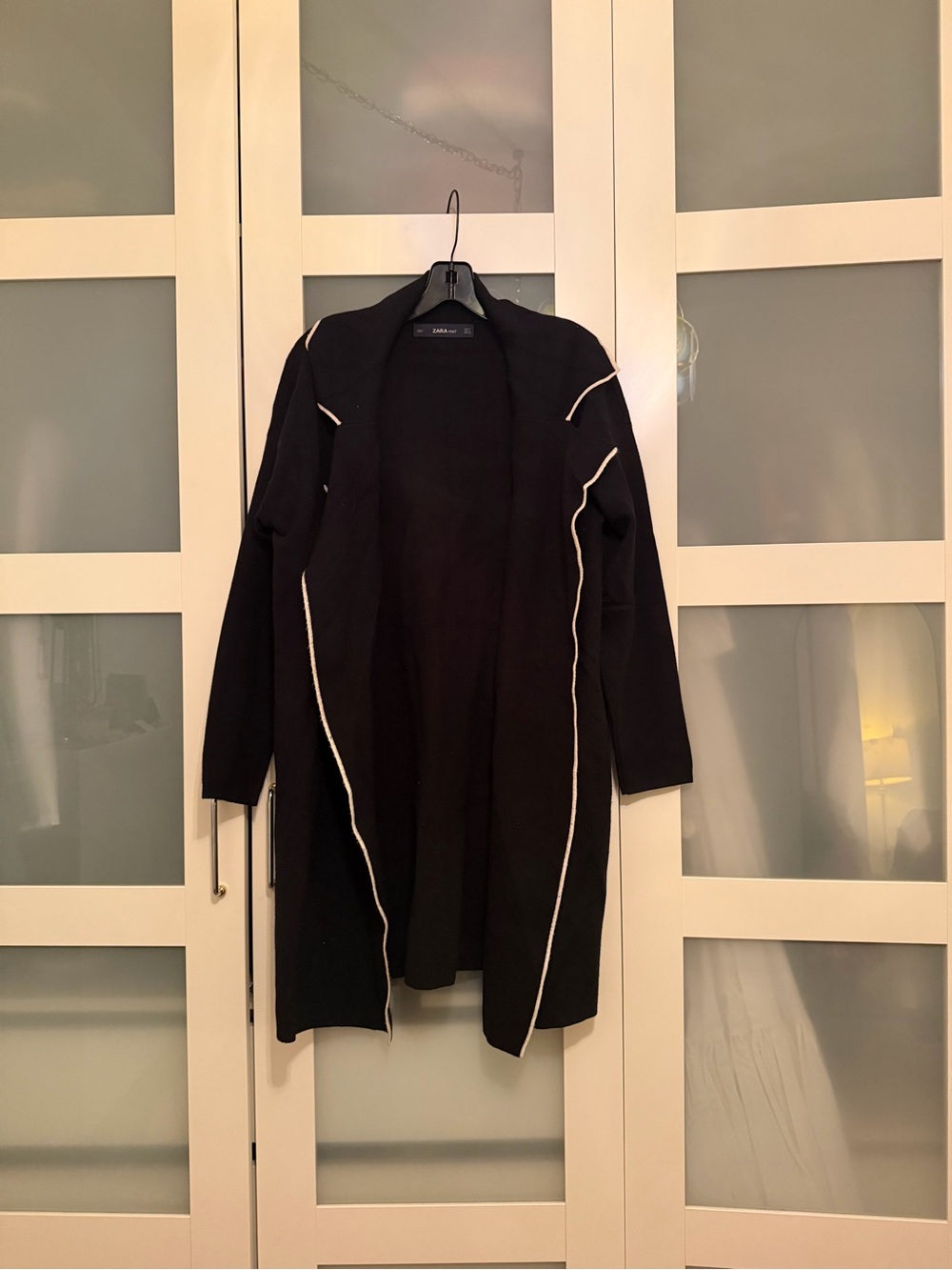 Zara Black Long Open-Front Cardigan with White Contrast Trim